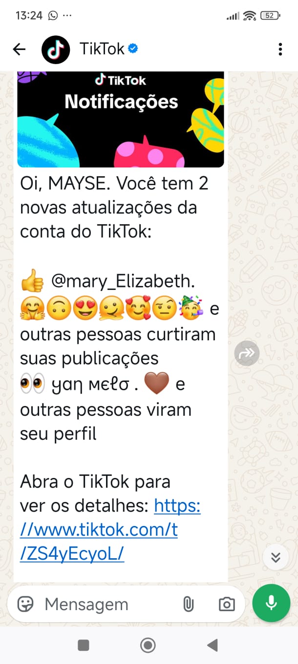 É falsa a mensagem no WhatsApp dizendo que você tem novas atualizações do Tiktok
